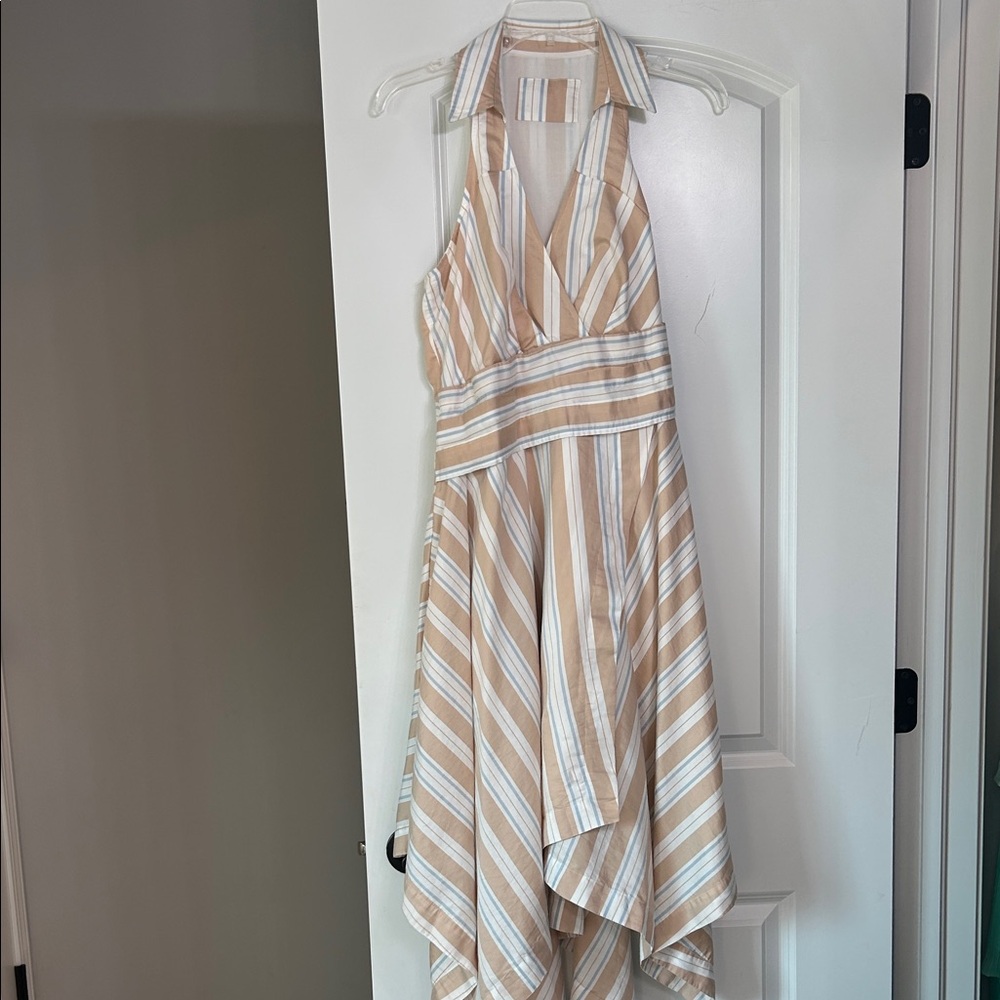Anthropologie Asymmetrical Striped Dress in Tan and White